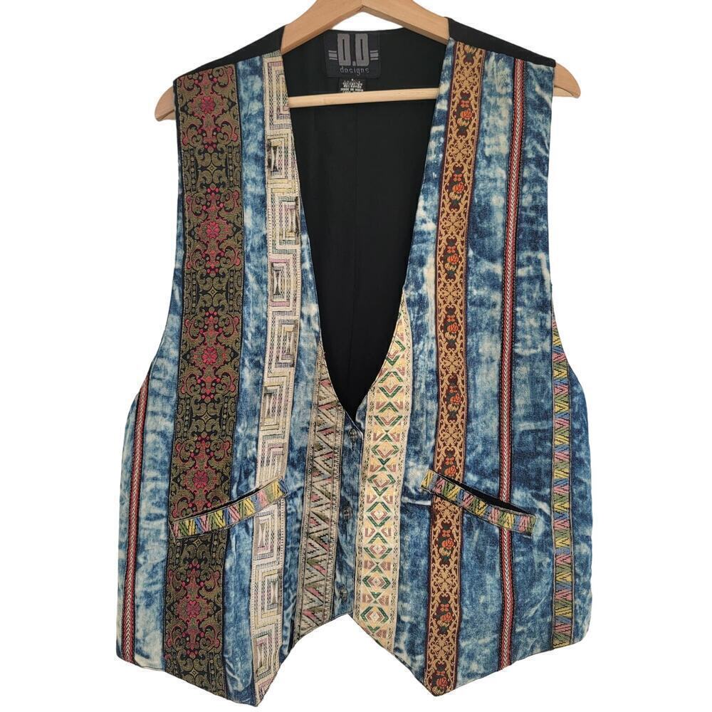 DD Designs Vest Vintage Denim Blue Jean Western Stripe Patchwork Button Vest